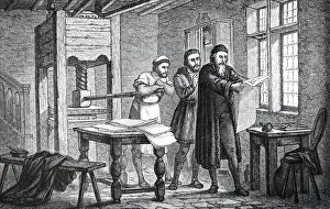 Blacksmith Prints: Engraving depicting Johannes Gutenberg examining the first page of the Bible as it came off the press