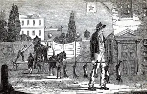 Level Prints: Engraving depicting a man carrying hares and rabbits on a pole