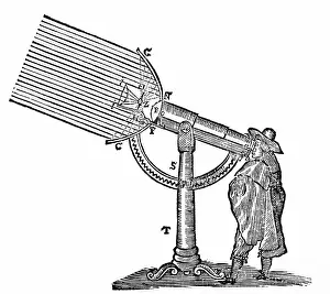 17th Prints: An engraving depicting Rene Descartes compound microscope with mirror for reflected light