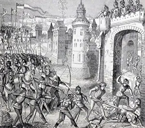 Monarch Prints: Engraving depicting a scene from the Battle of Caen during the Hundred Years War