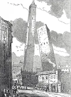 Medieval Prints: Engraving depicting the Towers of Bologna