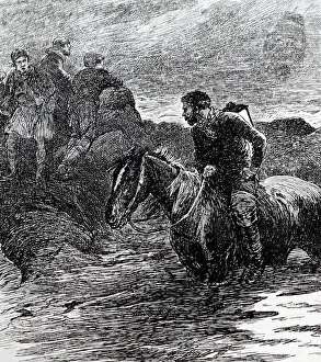 Mans Prints: Engraving depicting wreckers luring a ship onto rocks by means of the lamp on the mounted man's back