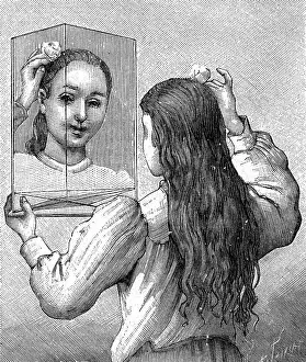 Vanity Prints: Engraving depicting a young girl looking at herself in a mirror. Dated 19th Century
