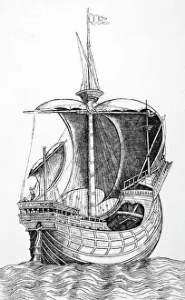 Vessel Prints: Engraving of a French vessel with a sternpost rudder. Dated 19th Century