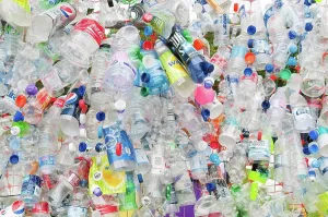 Containers Prints: Environment, Recycling, Plastic bottles attached to a wire fence at the WOMAD festival