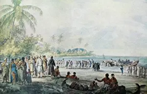 February Prints: episode of captain cooks voyages in the Pacific Ocean; (captain cook landing of the coffin of one of his crew members)