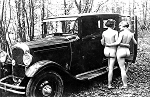 Boarding Prints: Erotic, two naked women, girlfriends get in the car