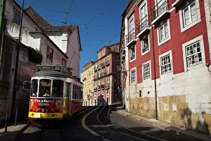 Tram Prints: Europe, Portugal, Lisbon. Traditional yellow tram in Lisbon