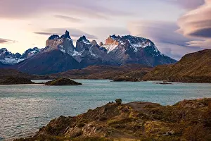 Chile Prints: Evening atmosphere with the prominent mountain Los Cuernos at Torres del Paine National Park