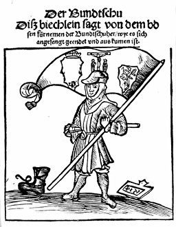 Alliance Prints: events Bundschuh movement 1493 - 1519 peasant with flag woodcut on the title page of the pamphlet Der Bundtschu by