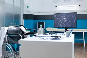 Examination Prints: Empty examination office with computer standing on desk table