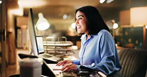 Account Prints: Excited, employee and woman with computer
