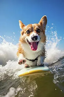 Domestic Dogs Prints: Excited Pembroke Welsh Corgi riding a wave on a surfbard on a sunny day with blue sky