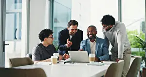 Speaking Prints: Excited, people and meeting with laptop in office for good news