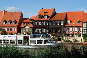 Riverside Prints: Excursion boat on river Regnitz, Bamberg, Upper Franconia, Bavaria, Germany