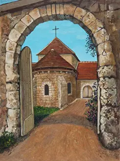 Doors Prints: Explore the charm of a rustic stone chapel through Isy Ochoa's captivating artwork