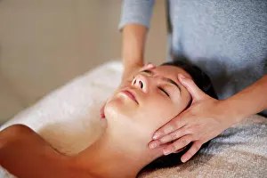Skincare Prints: Face, massage and girl on table at spa for skincare
