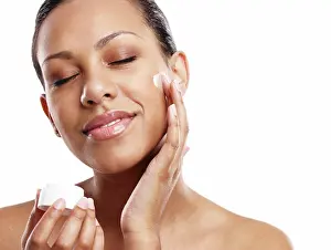 Lotion Prints: Face, skincare and woman with cream for beauty