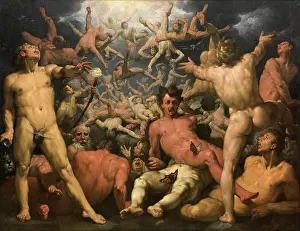 Historische Prints: The Fall of the Titans, The lost epic Titanomachy tells of the battle of the Titans between the Olympians