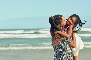 Kiss Prints: Family, African mother and child kiss with blue sky on beach for love