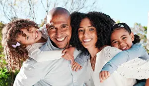 Piggyback Prints: Family, children and parents portrait outdoor with love and care for piggyback or play a game for fun in backyard