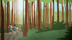 Fresh Air Prints: Family with dog hiking in sunny, idyllic woods