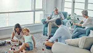Grandparents Prints: Family, generations and love together in living room with parents