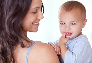 Maternity Prints: Family, happy and mother with baby on a white background for bonding