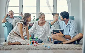Grandma Prints: Family, love and digital tablet on floor with baby
