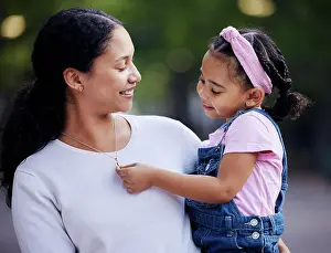 Carry Prints: Family, mother and carrying little girl with smile for outdoor bonding and hugging at a park