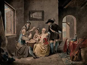 Cards Prints: A family playing a game of cards on a drum; one man is wearing part of a suit of armour