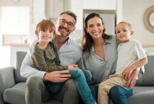 Comfortable Prints: Family portrait, kids and hug in home for support