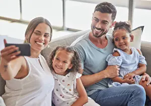 Selfie Prints: Family selfie, interracial smile and parents with phone for social media with children
