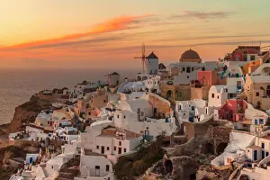 Body Of Water Prints: Famous view of Oia town at sunset