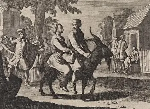 Farmer and woman together on the back of a billygoat transported Dem Eins seynd zweylieb
