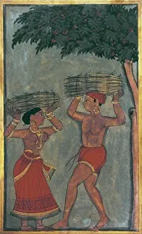 Indians Prints: Farmers carrying straw-bales. Hindu art