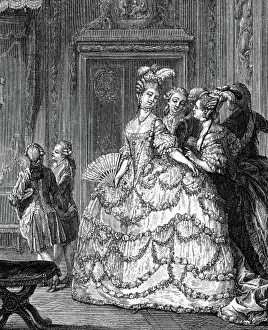 Society Prints: fashion 18th century France ladies fashion lady at the queens palace copper engraving by Nicholas De Launay after Jean