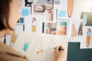 Manufacturing Prints: Fashion designer, planning and creative woman sketch