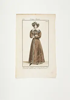 Gown Prints: Fashion imaging, French lady with brown hat and a coat of same -colored
