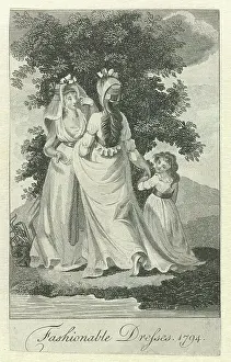 Comes Prints: Fashionable Dresses.English Almanac Change from 1794: Standing woman in front of a tree
