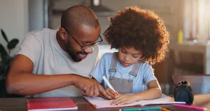 Students Prints: Father, boy and notebook for writing