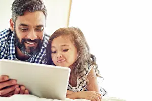 Cartoon Prints: Father, child and tablet in family home for online games