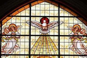Saigon Prints: Fatima church. Stained glass. A white dove representing the Holy Spirit