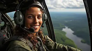 Cockpit Prints: Female african american military helicopter pilot in the cockpit, generative AI