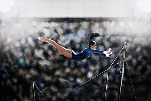 Agility Prints: A female gymnast, a young woman performing on the parallel bars