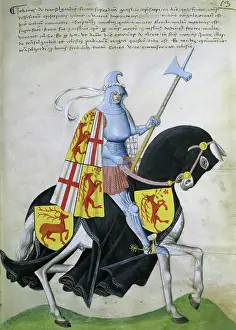 Manuscript Prints: Female Knight and Black Horse: Capodilista Codex Manuscript Illumination Biblioteca Civica