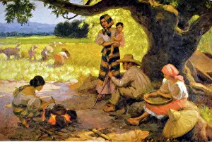 Mango Prints: Fernando C Amorsolo, Cooking under the Mango tree, 1948. Oil on canvas