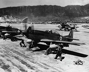 Aviation Prints: Fighter airplanes of the South African Air Force prepare to leave their field in Korea on a bombing