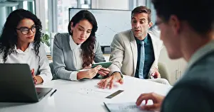 Financial Prints: Finance, documents or business people with shareholders in discussion for planning