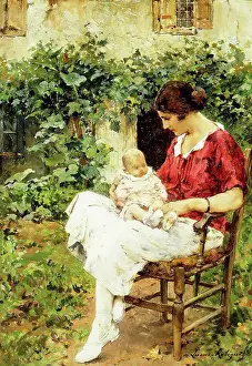 19th Century European Art Prints: The First Born. Marie Aimee Lucas-Robiquet (b.1864). Oil on canvas. 55.3 x 38.7cm